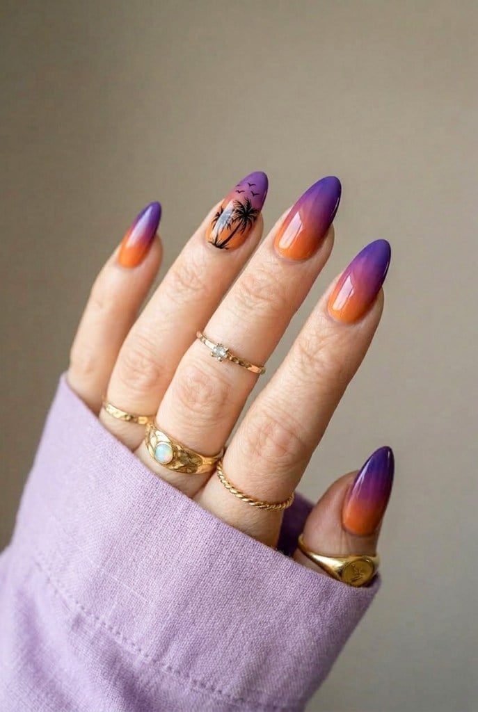 Sunset Gradient With Palm Tree Silhouette Sunset Gradient With Palm Tree Silhouette — Gradient Nail Ideas