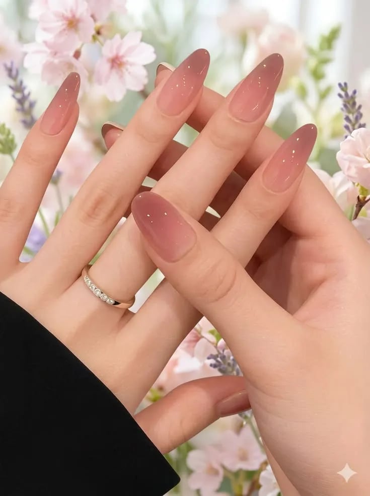 Shimmering Nude to Pink Gradient Medium Almond Shimmering Nude to Pink Gradient Medium Almond — Gradient Nail Ideas