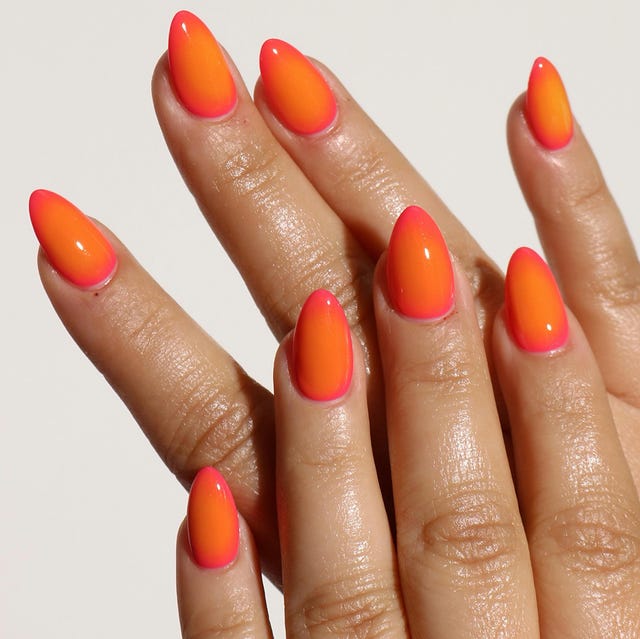 Neon Orange to Pink Short Almond Gradient Neon Orange to Pink Short Almond Gradient — Gradient Nail Ideas