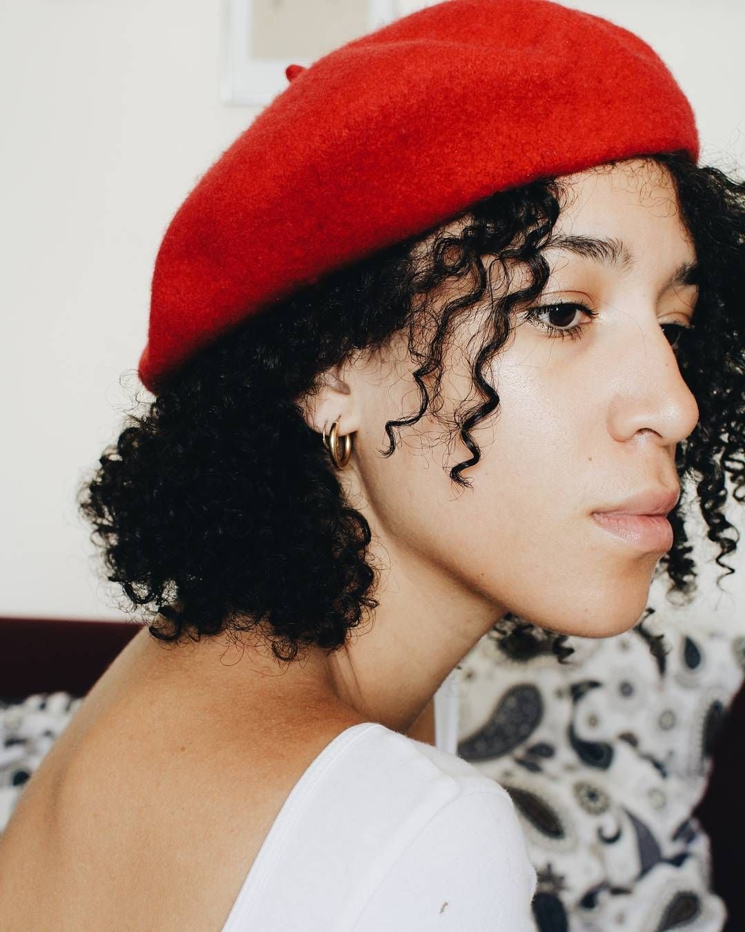 Thick Curly Dark Brown Shoulder Length with Beret, Layers — Hair Ideas with Hat