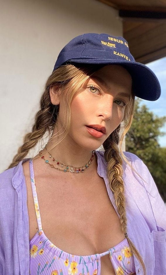Wavy Blonde Double Braids with Baseball Cap — Hair Ideas with Hat
