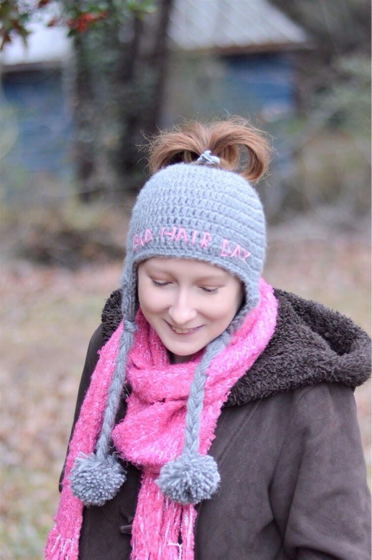 Mid-Back Brown Messy Bun with Crochet Hat — Hair Ideas with Hat