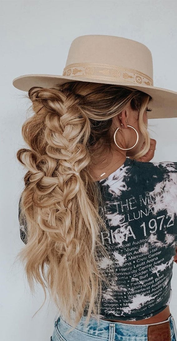 Thick Blonde Braided Ponytail with Wide Hat — Hair Ideas with Hat