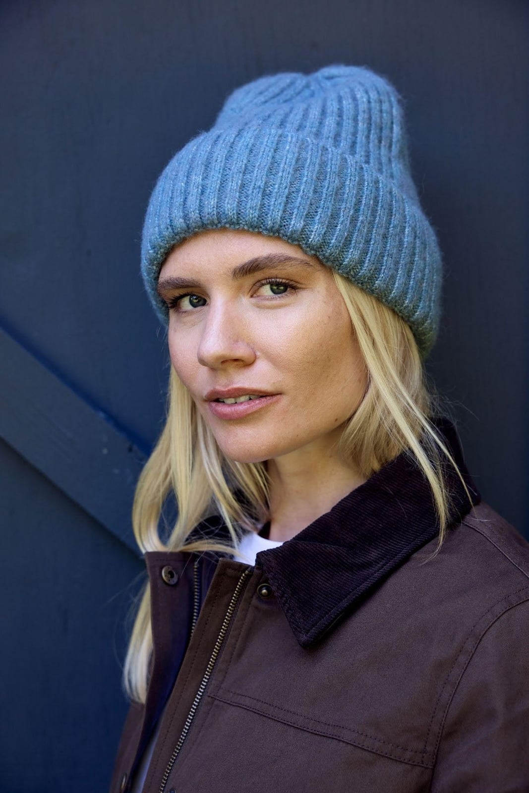 Ash Blonde Wavy Blowout with Blue Beanie — Hair Ideas with Hat