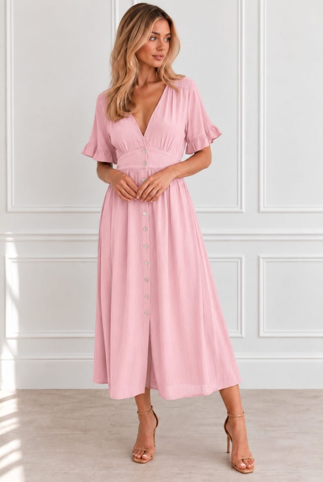 Light Pink Midi Dress with Flutter Sleeves Light Pink Midi Dress with Flutter Sleeves — Light Pink Dress Ideas