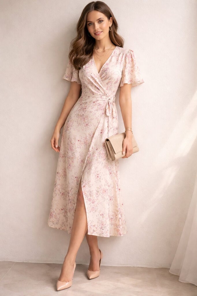 Pink Floral Chiffon Wrap Dress Pink Floral Chiffon Wrap Dress — Light Pink Dress Ideas