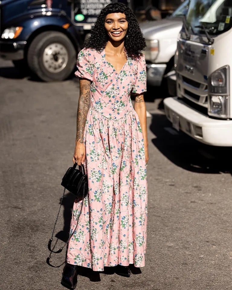 Pink Floral A-line Midi Dress with Ankle Boots Pink Floral A-line Midi Dress with Ankle Boots — Light Pink Dress Ideas