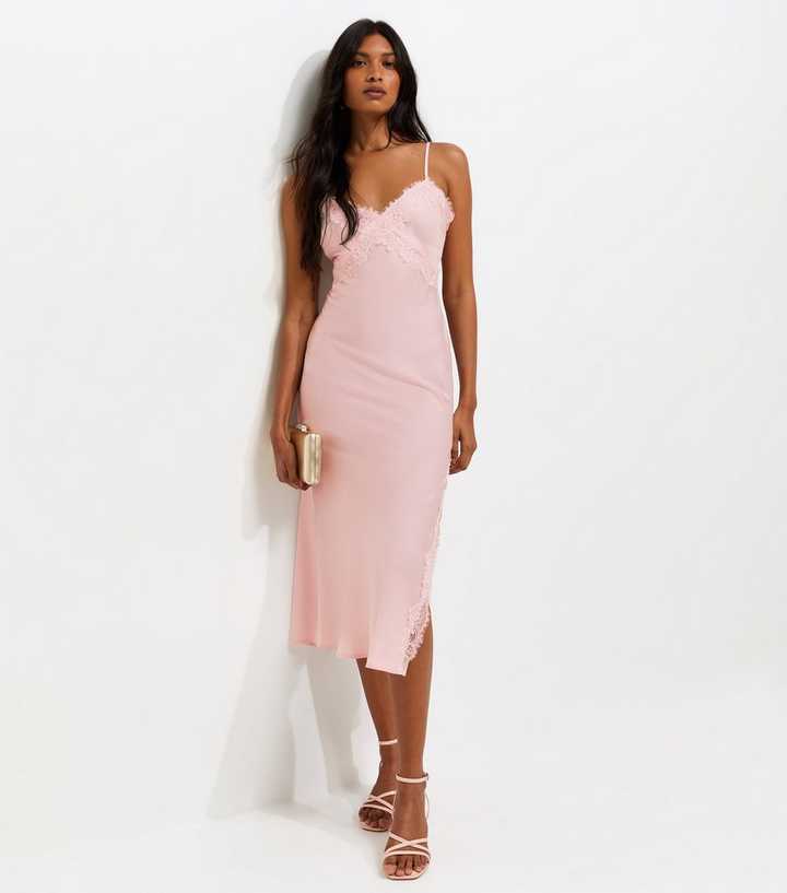 Pale Pink Satin Midi Dress with Lace Trim Pale Pink Satin Midi Dress with Lace Trim — Light Pink Dress Ideas
