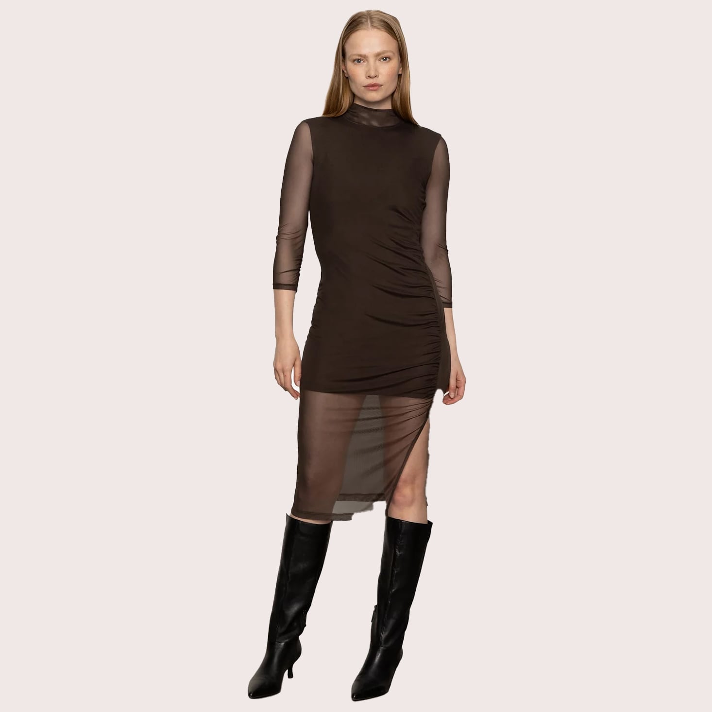 Brown Ruched Mesh Mini Dress with Sheer Overlay Brown Ruched Mesh Mini Dress with Sheer Overlay — Mesh Dress Ideas
