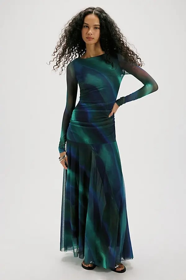 Fitted Abstract Print Long Sleeve Mesh Maxi Dress Fitted Abstract Print Long Sleeve Mesh Maxi Dress — Mesh Dress Ideas