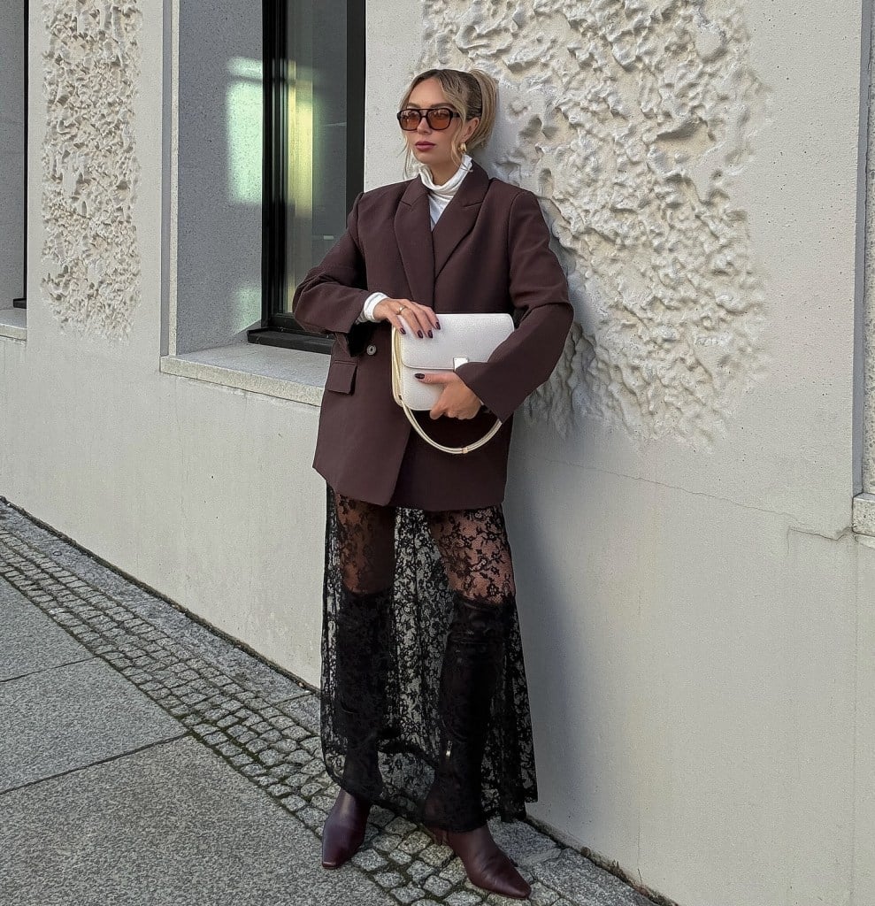 Black Lace Dress with White Turtleneck and Brown Blazer Black Lace Dress with White Turtleneck and Brown Blazer — Mesh Dress Ideas