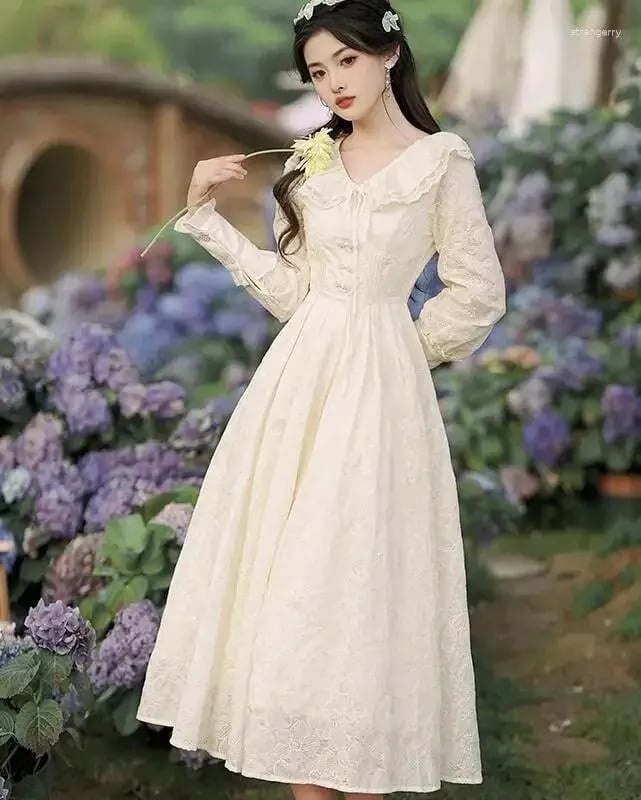 Cream Cotton Dress with Embroidered Collar and Empire Waist — Modern Victorian Dresses