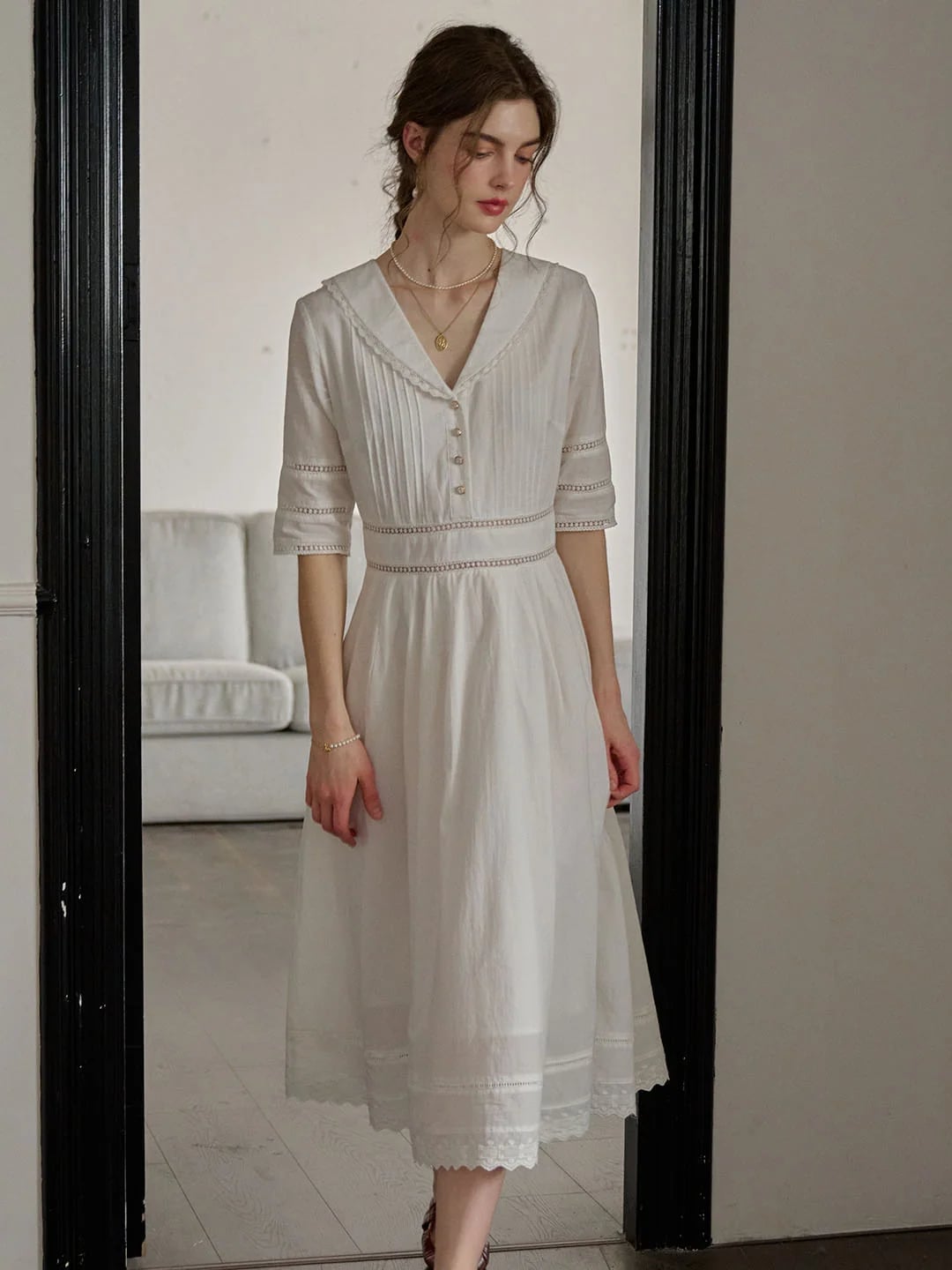White Cotton Midi Dress with Pintuck Detail and Pointed Collar — Modern Victorian Dresses
