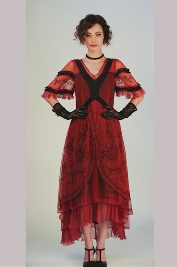 Red Tiered Midi Dress with Lace Trim and Flutter Sleeves — Modern Victorian Dresses