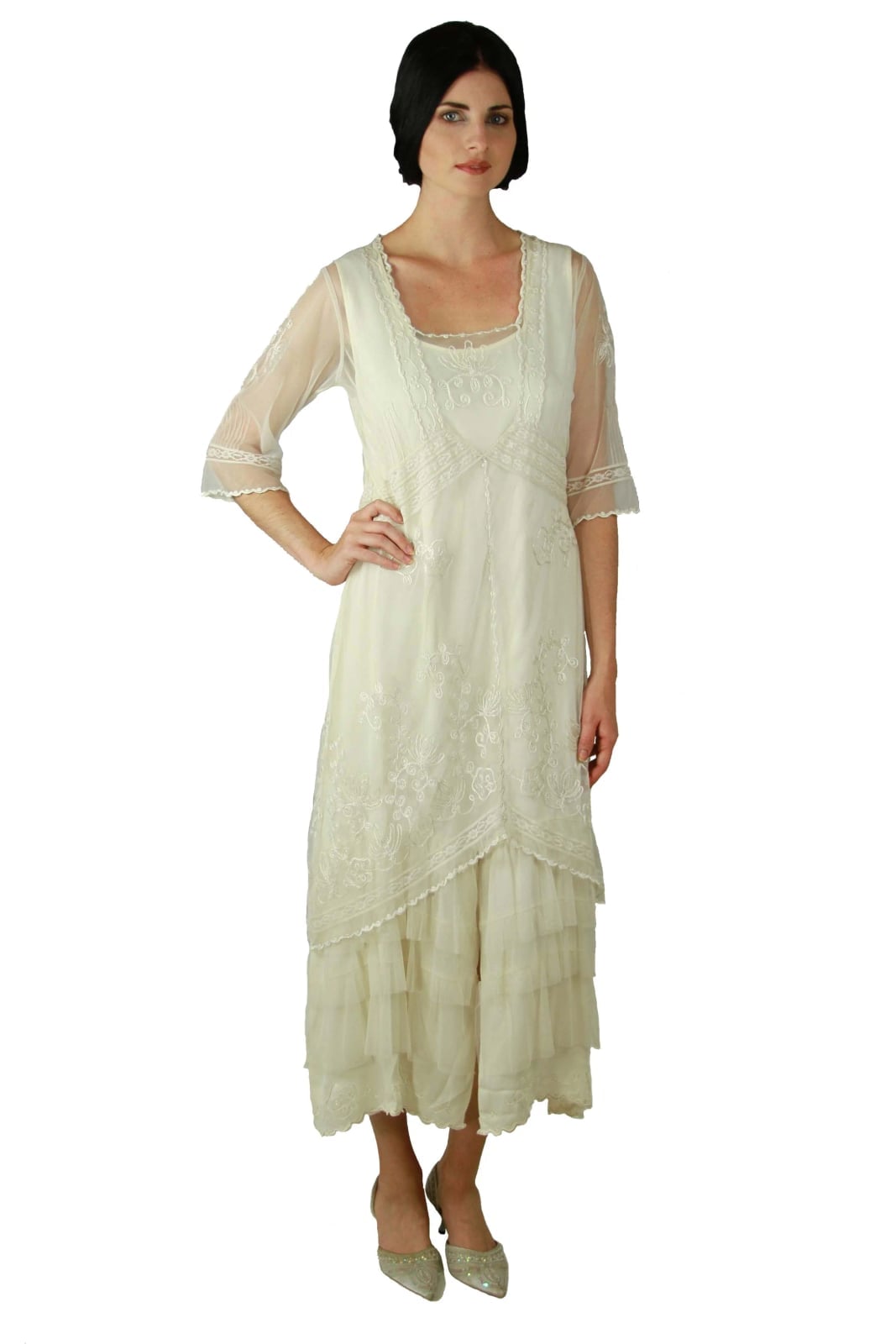Ivory Lace Overlay Dress with Sheer Sleeves and Tiered Hem — Modern Victorian Dresses