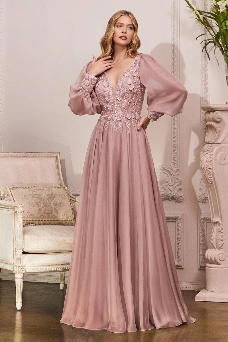 Dusty Rose Gown with Sheer Puff Sleeves and Lace Bodice — Modern Victorian Dresses