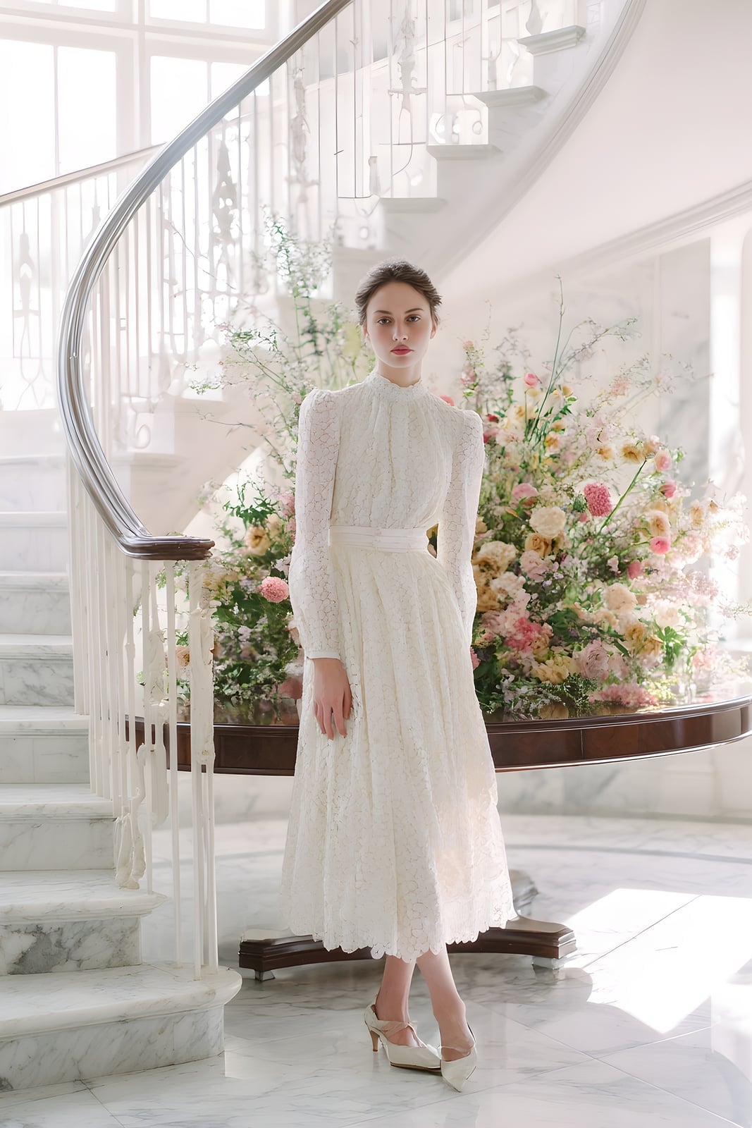 Ivory Lace Midi Dress with Long Sleeves and Satin Sash — Modern Victorian Dresses