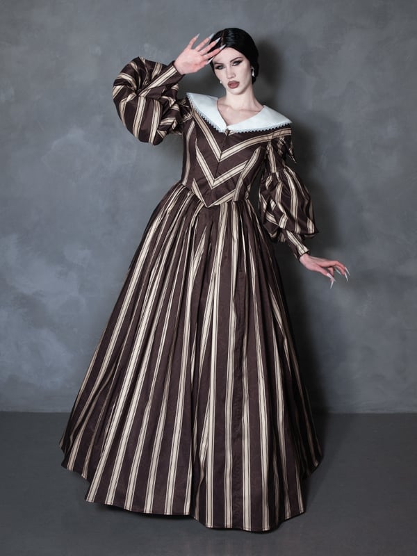 Striped Dress with Voluminous Puff Sleeves and High Collar — Modern Victorian Dresses