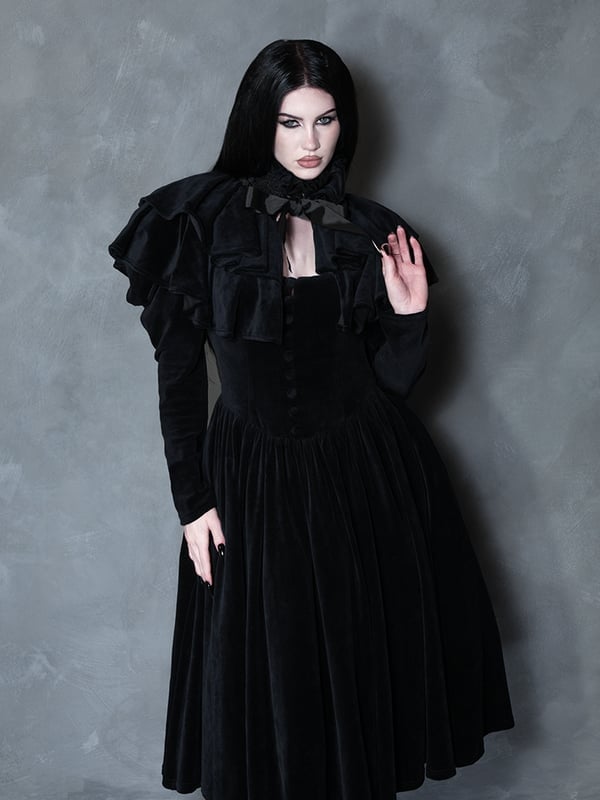 Black Velvet Dress with Ruffled Collar and Full Skirt — Modern Victorian Dresses