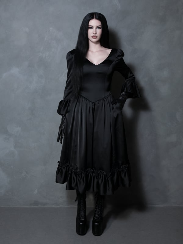 Gothic Satin Dress with Long Sleeves and Platform Boots — Modern Victorian Dresses