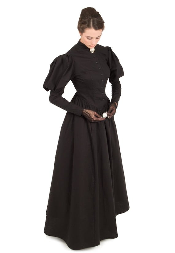 Victorian-style Black Dress with Puff Sleeves and Lace Gloves — Modern Victorian Dresses