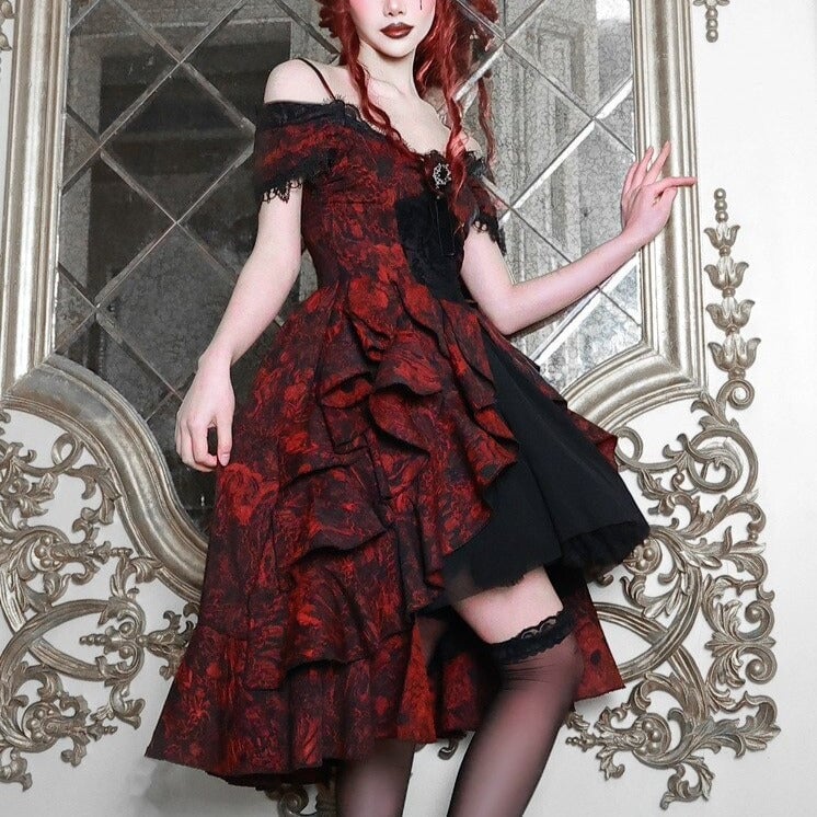 Ruffled High-Low Hem Dress with Off-The-Shoulder Neckline — Modern Victorian Dresses