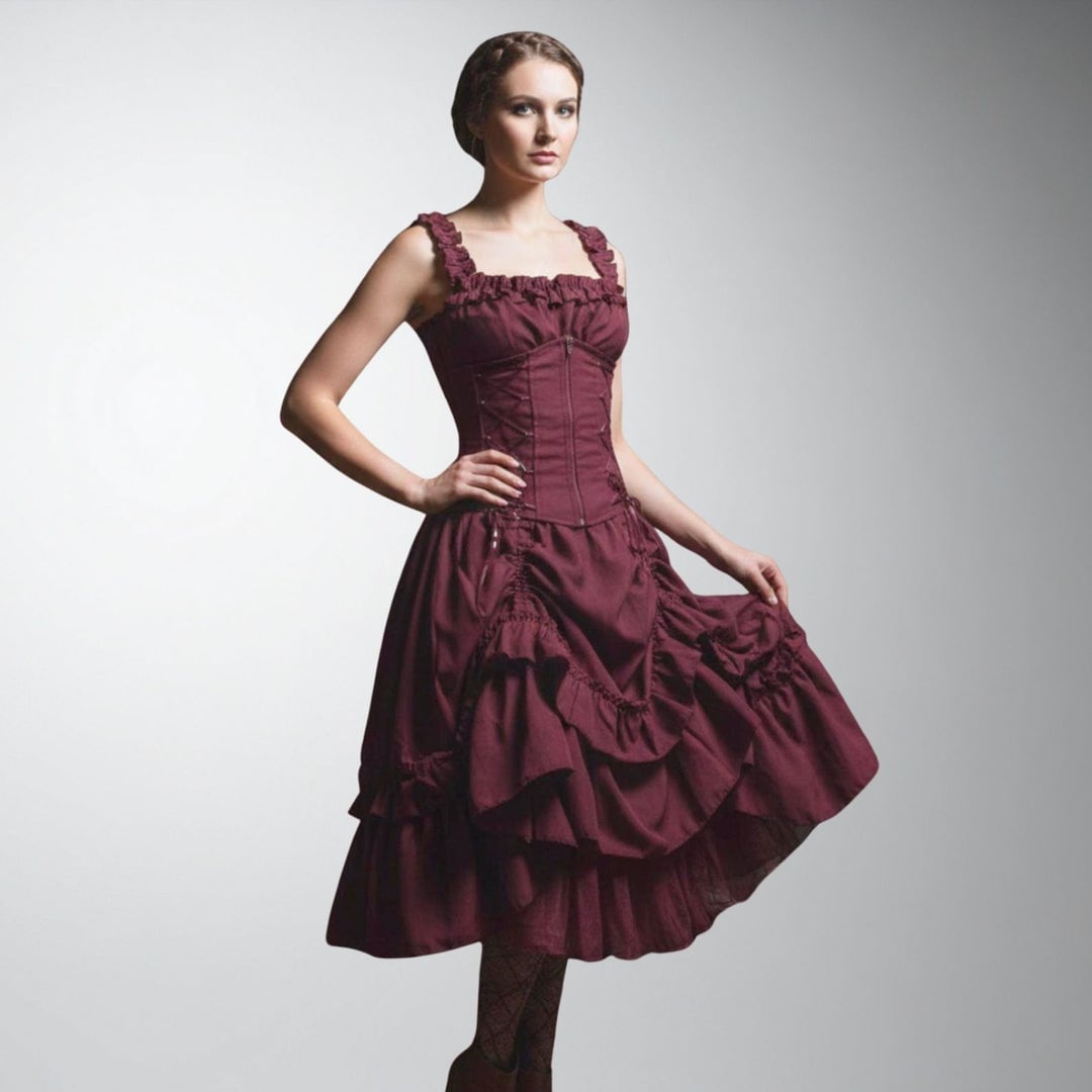 Burgundy Dress with Tiered Ruffled Skirt and Square Neckline — Modern Victorian Dresses