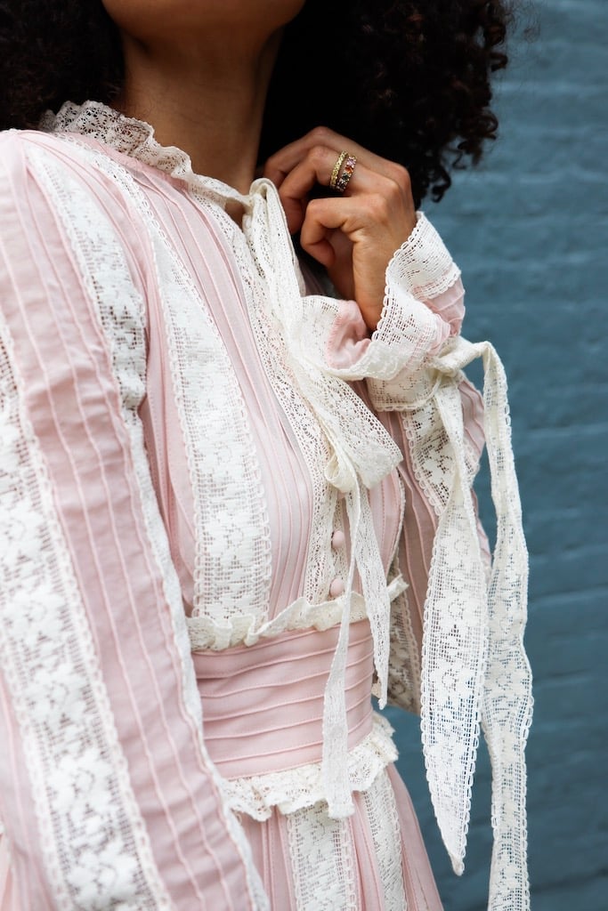 Pink Dress with Lace Trim and Ribbon Details — Modern Victorian Dresses