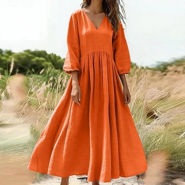 Orange Linen Maxi Dress With Puff Sleeves Orange Linen Maxi Dress With Puff Sleeves — Orange Dress Ideas