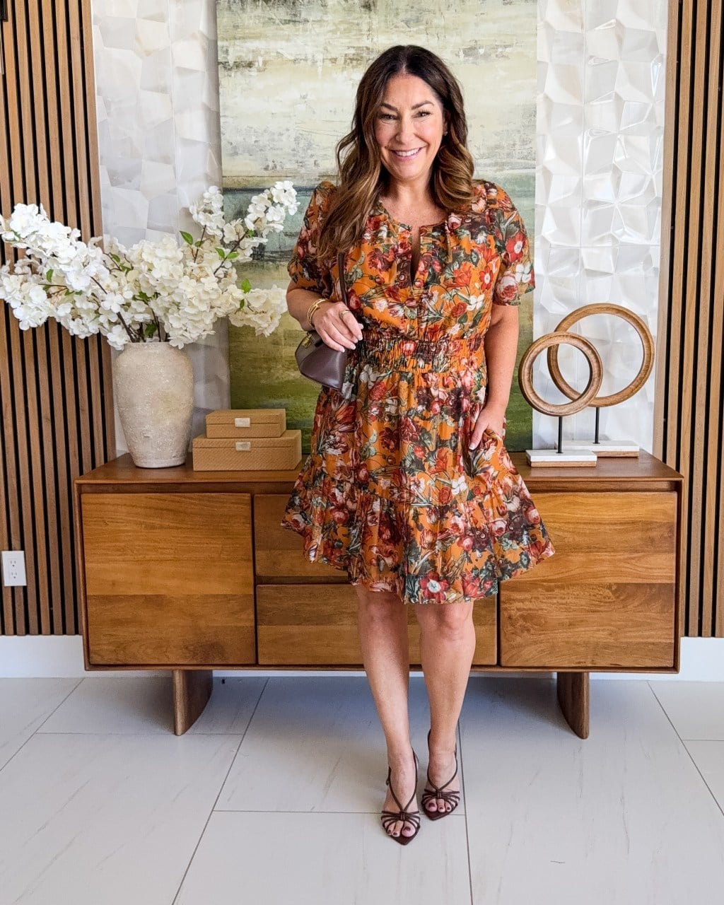 Orange Floral Print Mini Dress With Smocked Waist Orange Floral Print Mini Dress With Smocked Waist — Orange Dress Ideas