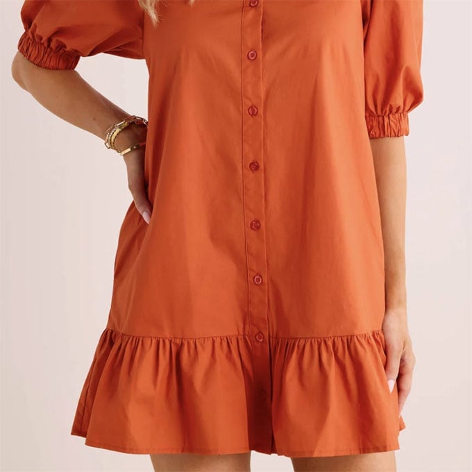 Burnt Orange Cotton Poplin Shirt Dress With Ruffled Hem Burnt Orange Cotton Poplin Shirt Dress With Ruffled Hem — Orange Dress Ideas