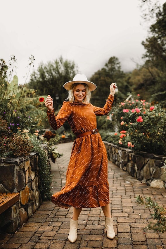 Burnt Orange Polka Dot Midi Dress With Hat Burnt Orange Polka Dot Midi Dress With Hat — Orange Dress Ideas