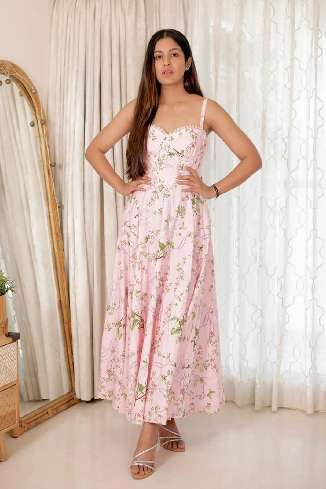 Green Floral Sweetheart Neckline Midi Dress — Pattern Dress Ideas
