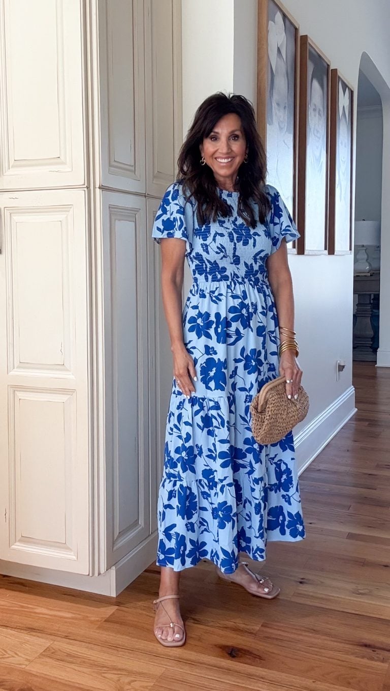 Dark Blue Floral Print Tiered Midi Dress With Flat Sandals — Pattern Dress Ideas