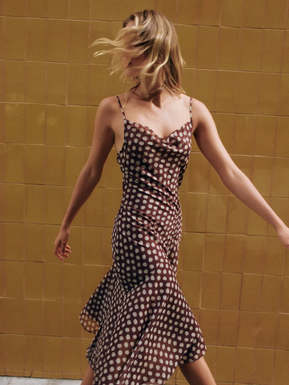Polka Dot Cowl Neck Slip Dress With Falling To Midi Length — Pattern Dress Ideas