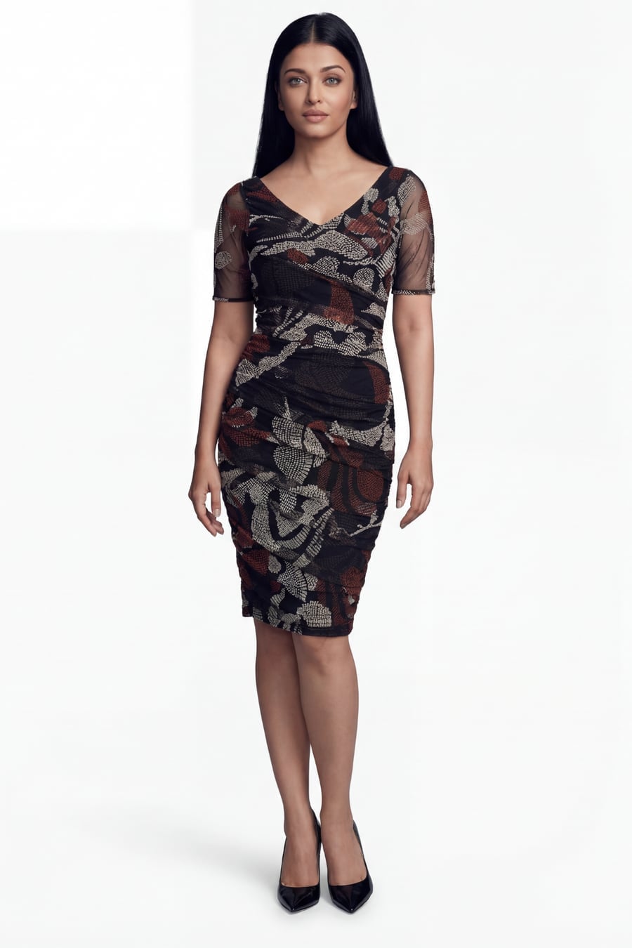 Abstract Print Ruched Midi Dress With Black, Everyday Version — Pattern Dress Ideas