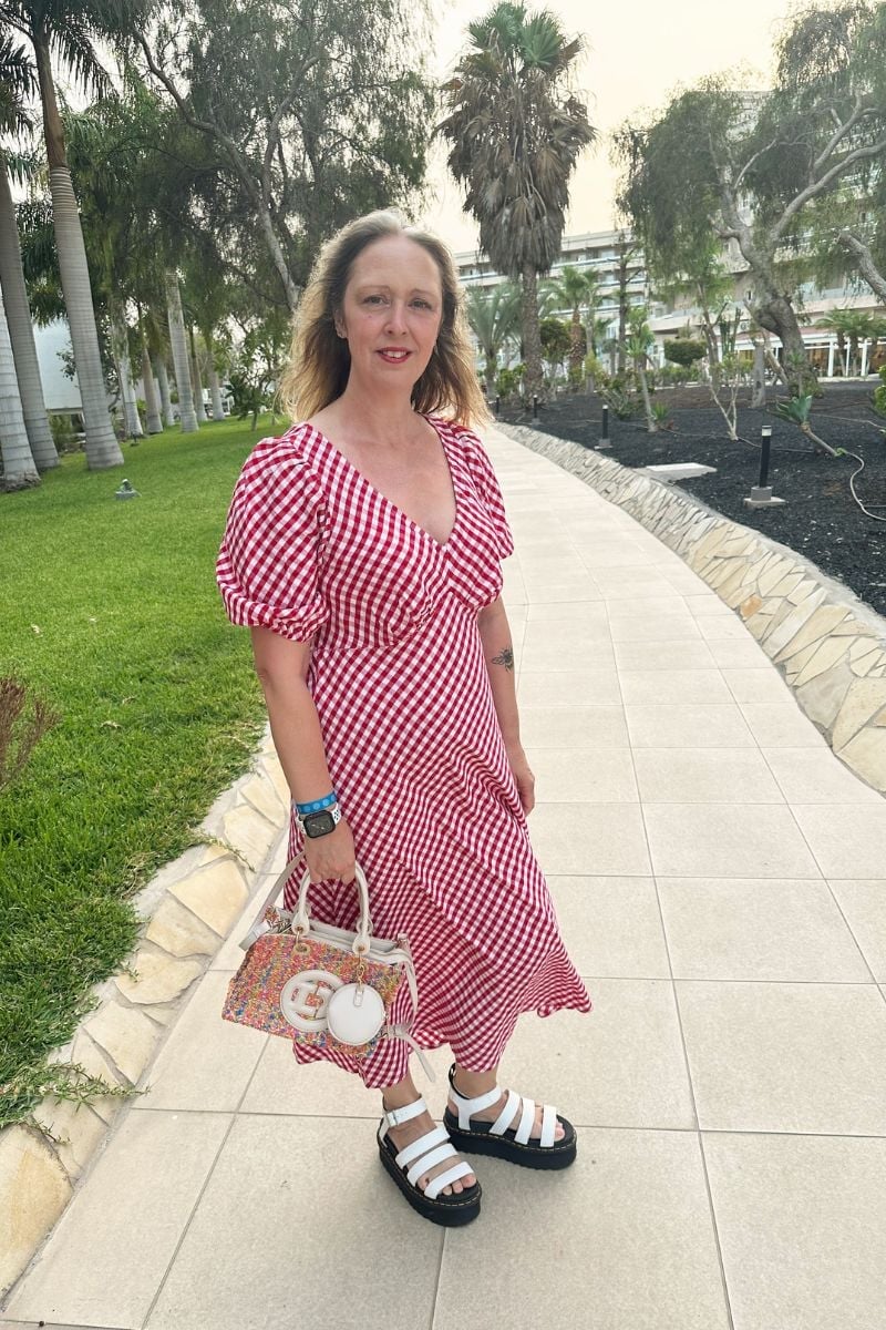 Gingham Print Puff Sleeve Midi Dress With White Platform Sandals — Pattern Dress Ideas