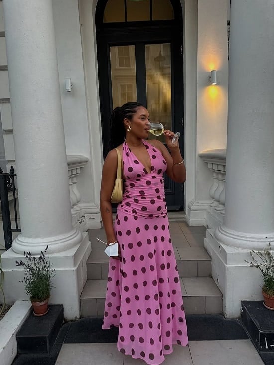Polka Dot Halter Neck Maxi Dress With Yellow Shoulder Bag — Pattern Dress Ideas