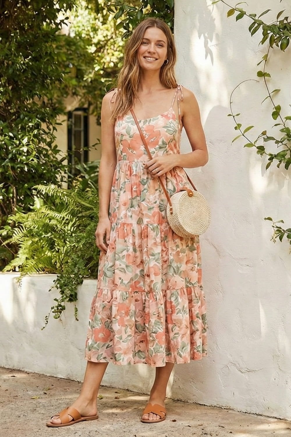 Floral Print Tiered Midi Dress With Straw Crossbody, Low-Key Version — Pattern Dress Ideas