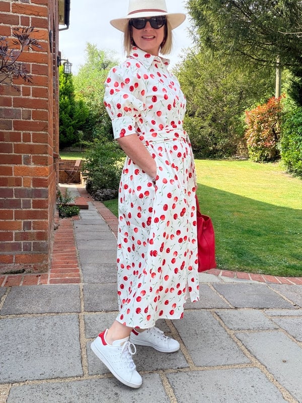 Cherry Print Midi Shirt Dress With White Sneakers With Red Accents — Pattern Dress Ideas