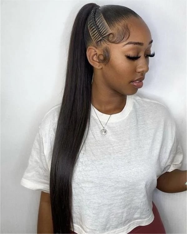 Mid-Back Ponytail With Braided Accent, Natural Black Mid-Back Ponytail With Braided Accent, Natural Black — Quick Weave Ponytail Ideas