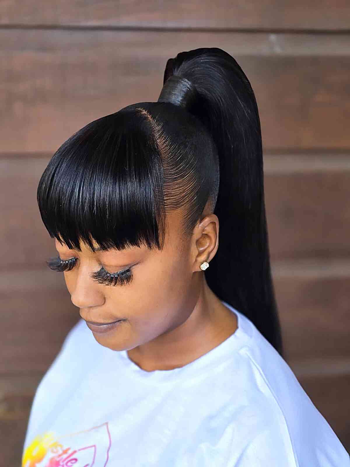 High Ponytail With Blunt Bangs High Ponytail With Blunt Bangs — Quick Weave Ponytail Ideas