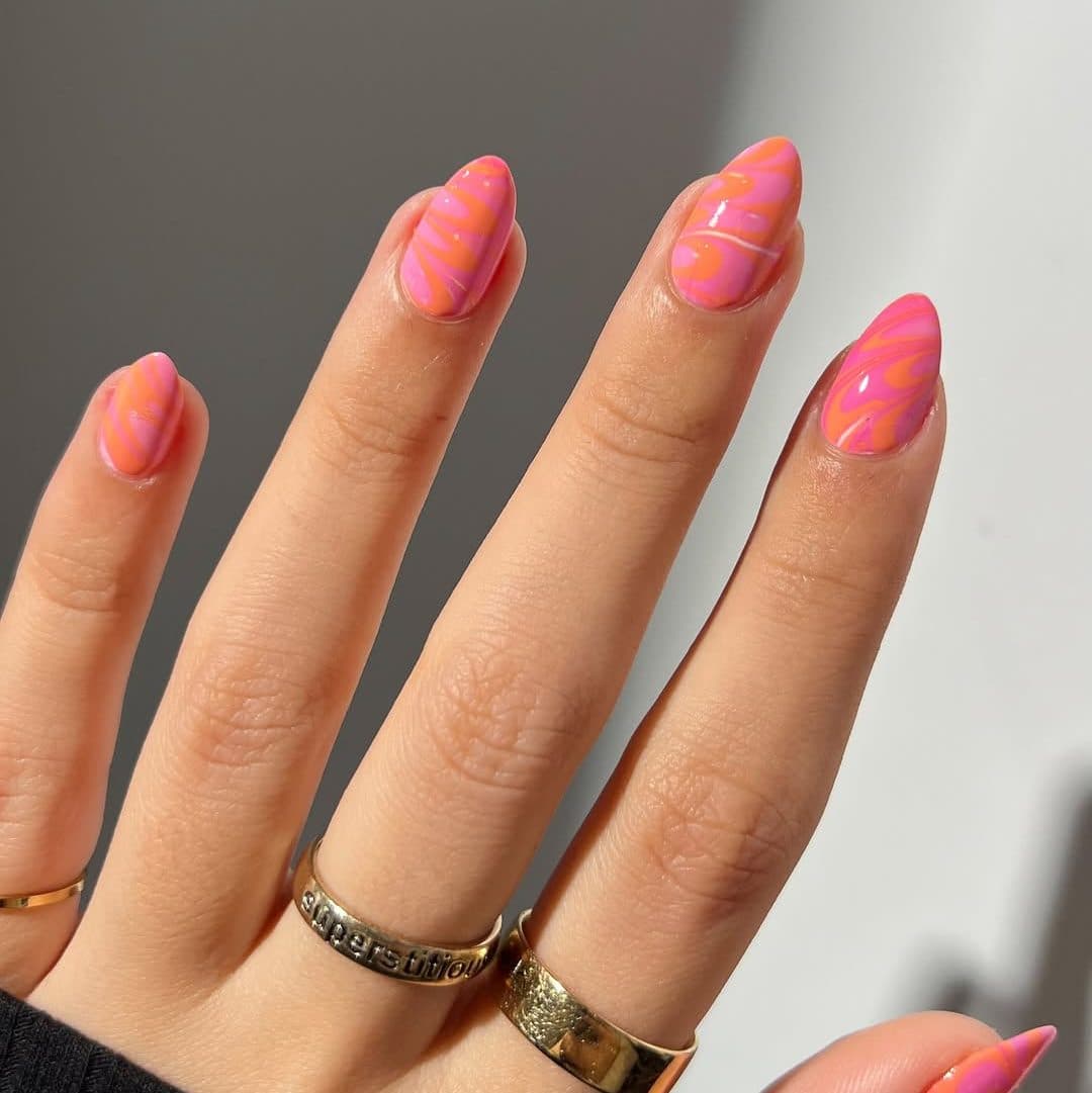 Bright Pink Neon Orange Wavy Lines Medium Almond Nails Bright Pink Neon Orange Wavy Lines Medium Almond Nails — Russian Manicure Designs