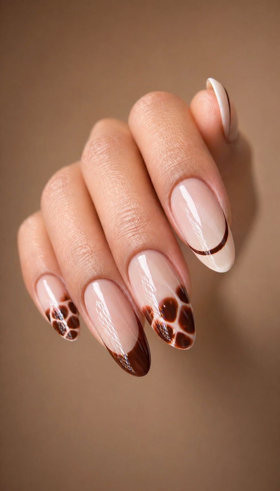Nude Brown Beige Animal Print French Medium Almond Nails Nude Brown Beige Animal Print French Medium Almond Nails — Russian Manicure Designs