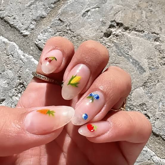 Clear Tiny Fruit Berry Medium Almond Nails Clear Tiny Fruit Berry Medium Almond Nails — Russian Manicure Designs