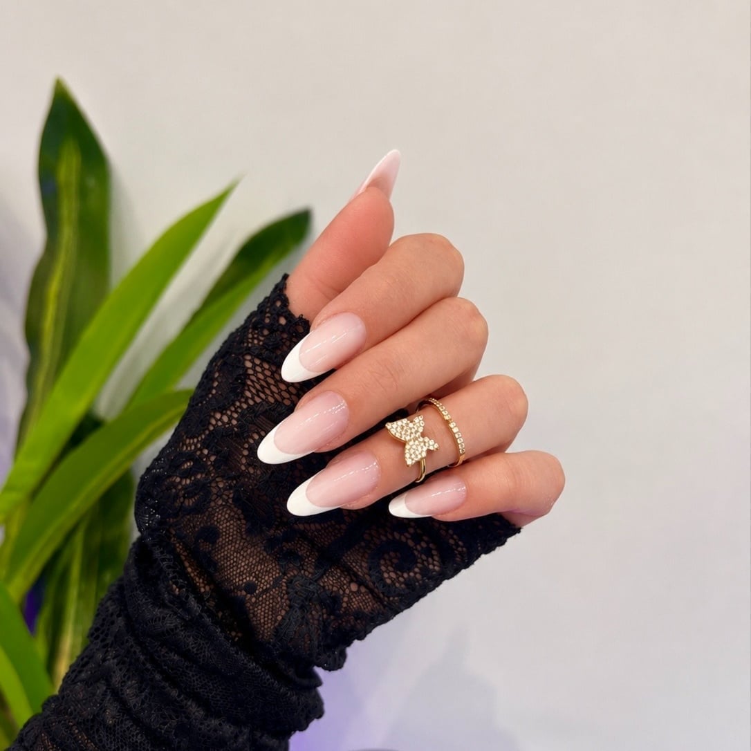 Sheer Pink White French Long Stiletto Nails Sheer Pink White French Long Stiletto Nails — Russian Manicure Designs