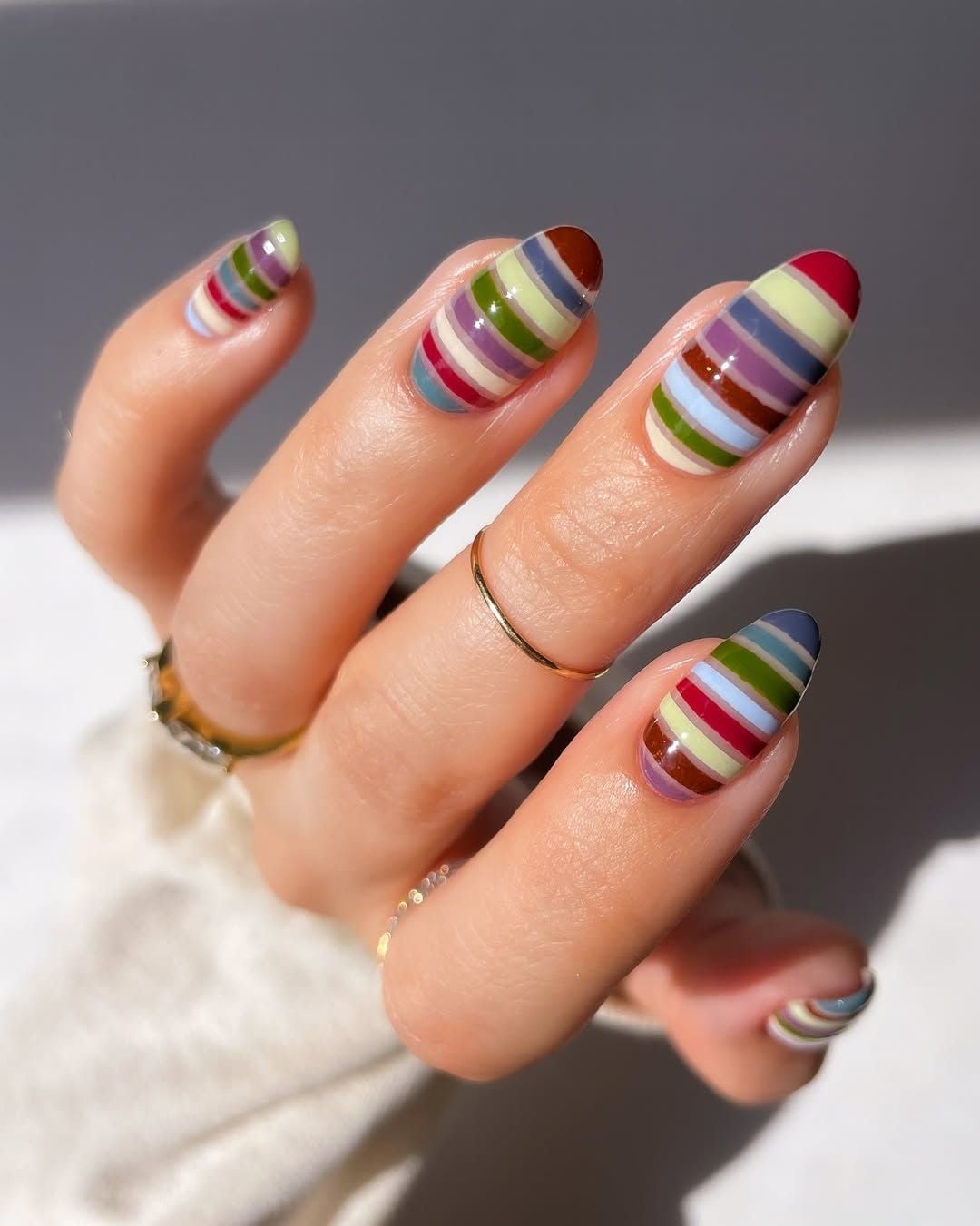 Pastel Earth Tone Stripes Short Almond Nails Pastel Earth Tone Stripes Short Almond Nails — Russian Manicure Designs