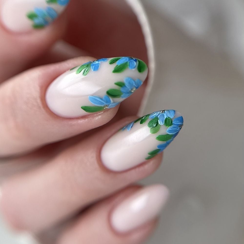 Sheer Pink Blue Floral Painting Medium Oval Nails Sheer Pink Blue Floral Painting Medium Oval Nails — Russian Manicure Designs