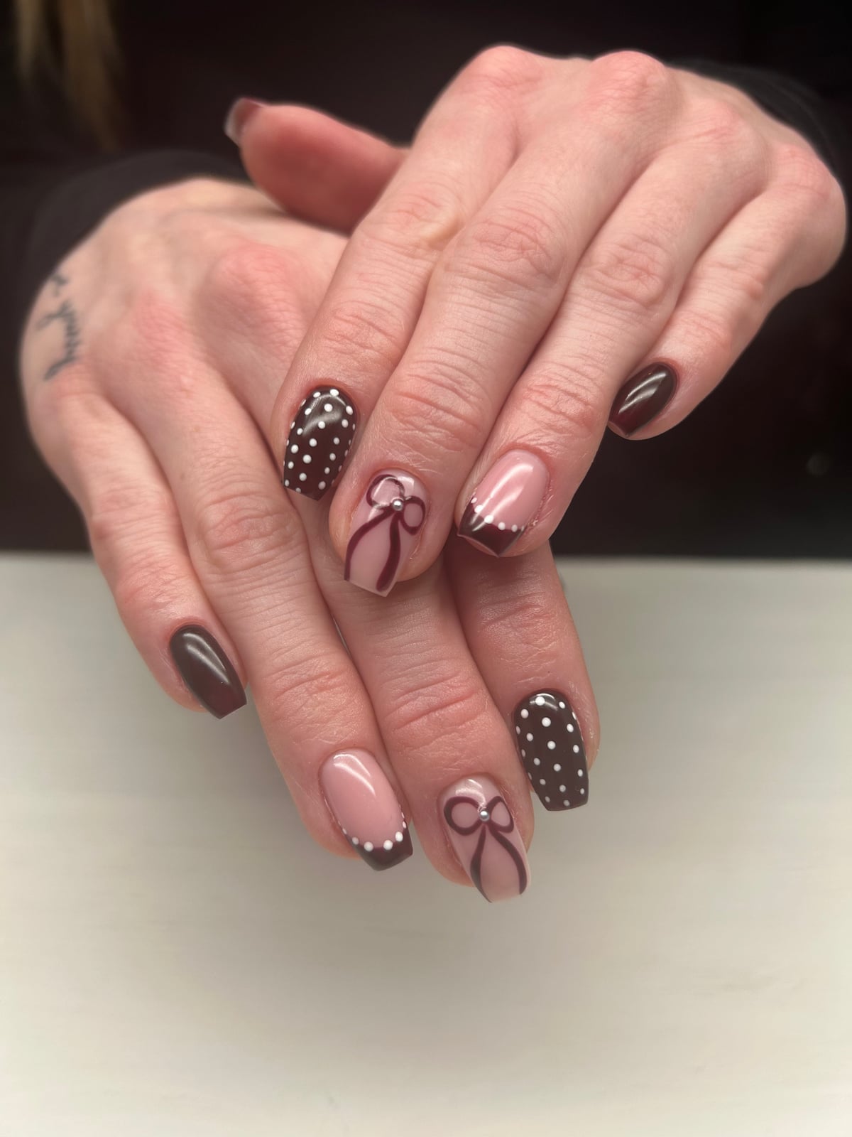 Square Polka Dot Bow French Mix Medium Nails Square Polka Dot Bow French Mix Medium Nails — Russian Manicure Designs