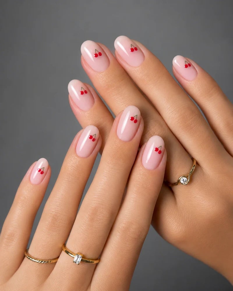 Sheer Pink Double Cherry Medium Oval Nails Sheer Pink Double Cherry Medium Oval Nails — Russian Manicure Designs